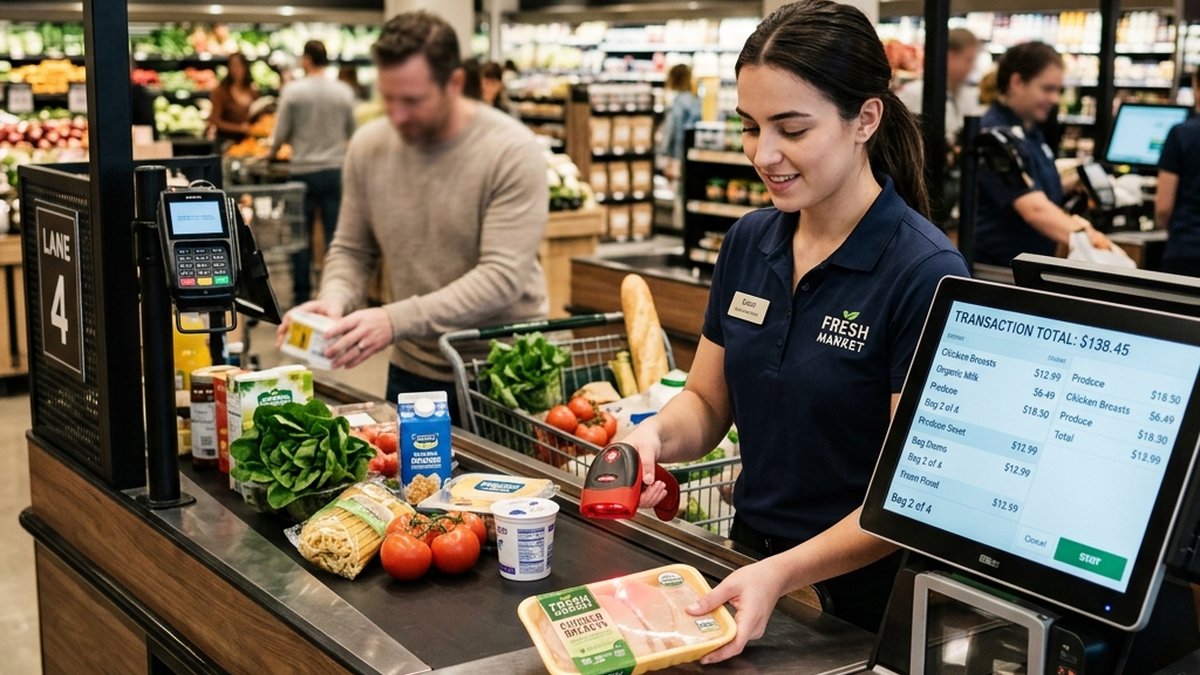 Cashier scanning barcode labels at supermarket checkout terminal