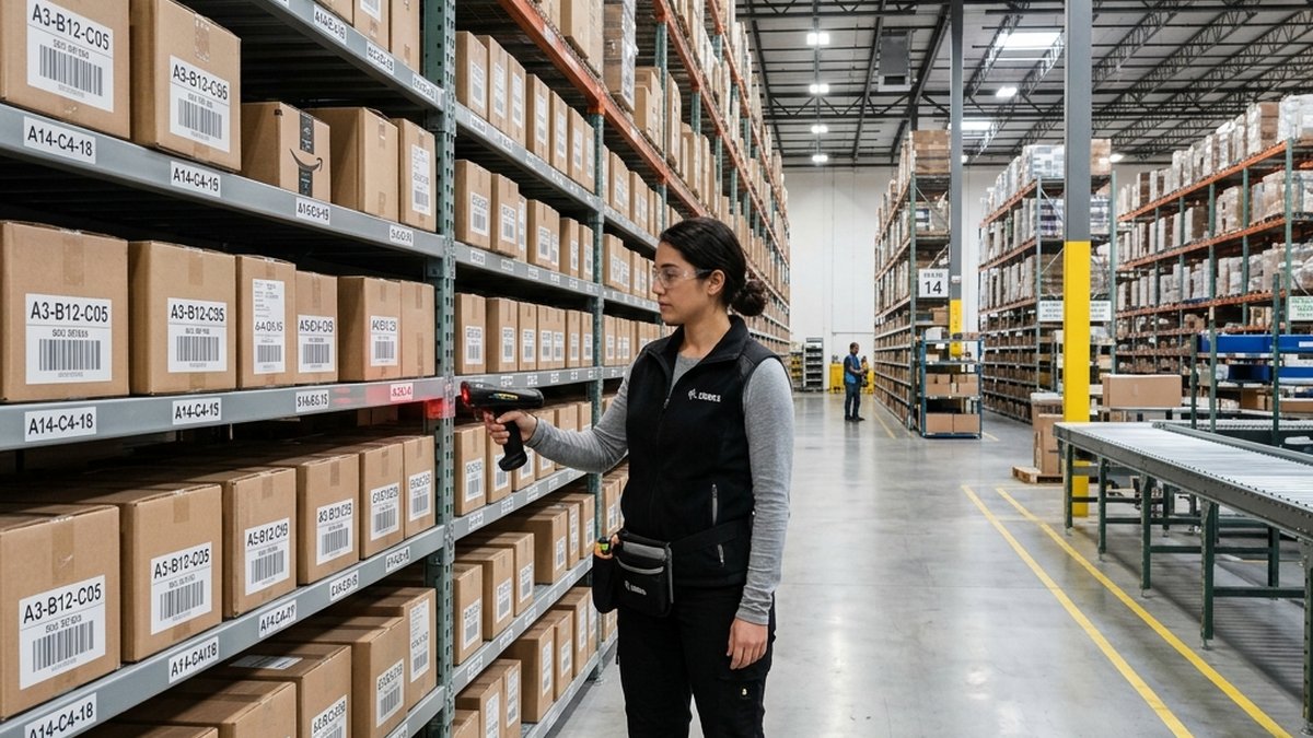 Organized e-commerce warehouse shelves and operator scanning box labels