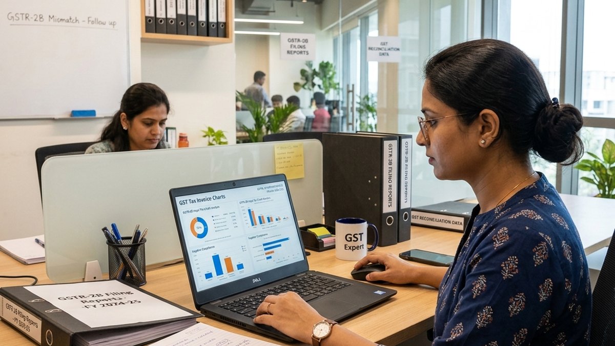 Accountant reconciling purchase records with GSTR-2B returns