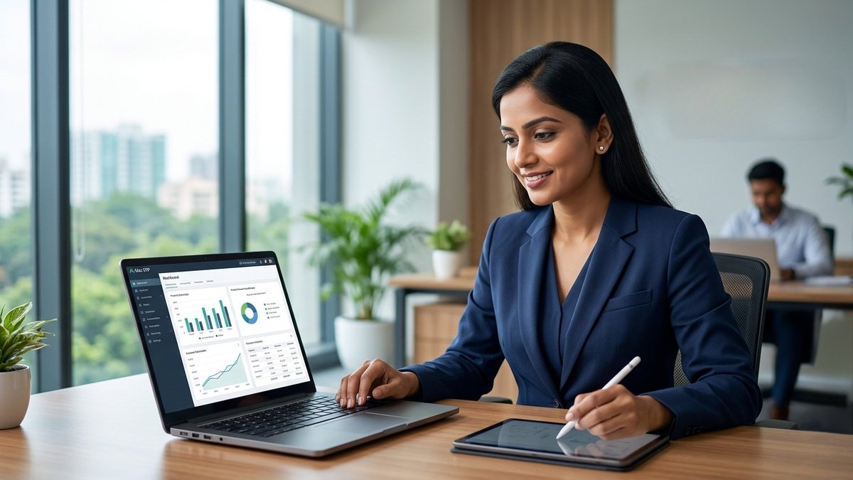 Businesswoman working with accounting software on laptop