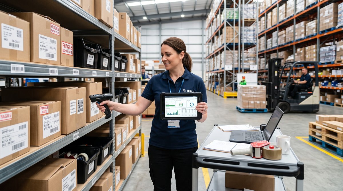 Warehouse manager using digital tablet to manage inventory with barcodes