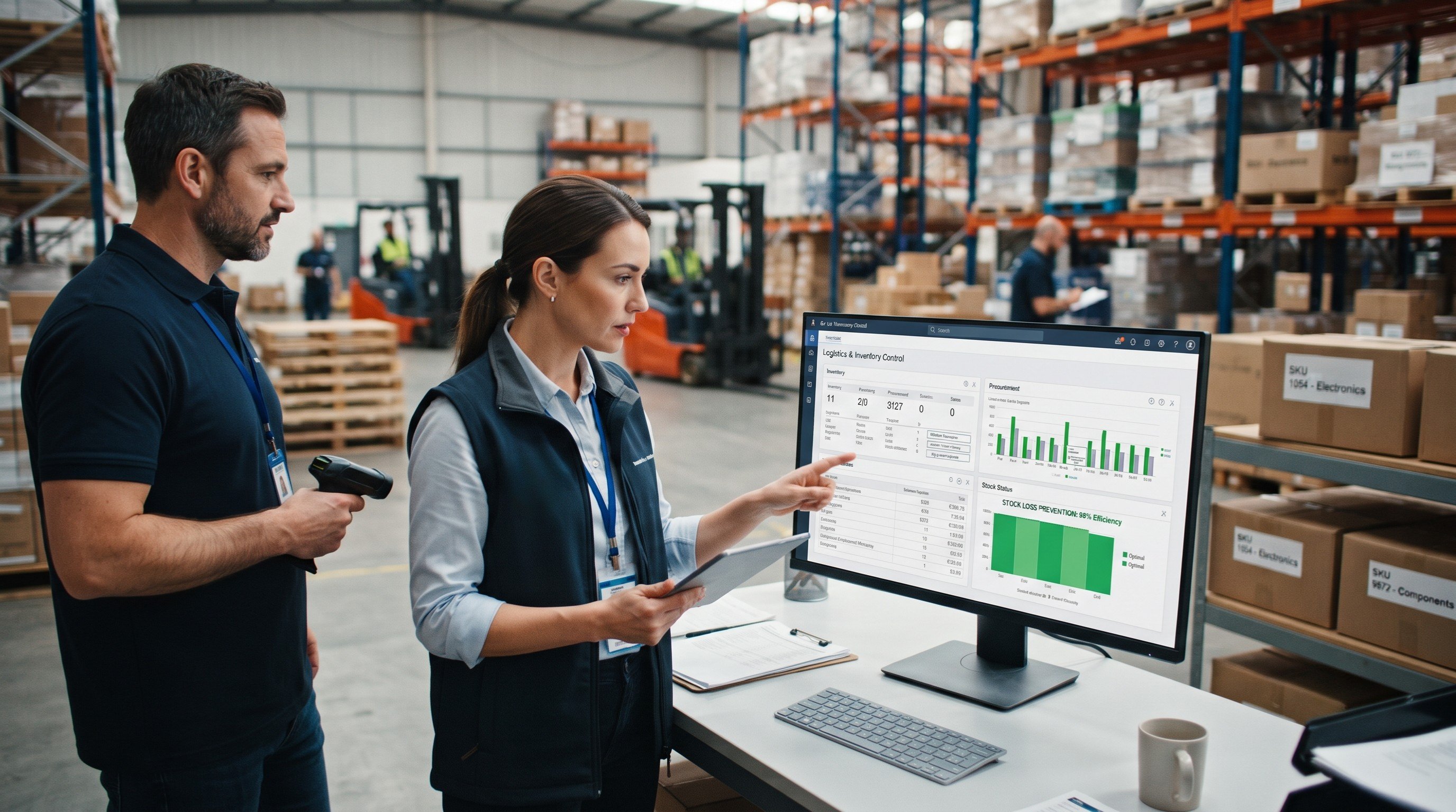 Two warehouse managers looking at computer screen dashboard displaying logistics and inventory